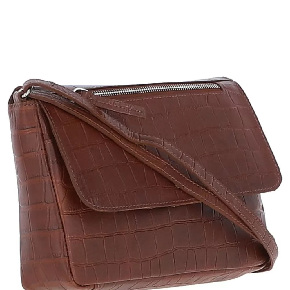 Women Ashwood Handbags Valentina Flap Over Croc Print Real Leather Shoulder Bag: Mc5